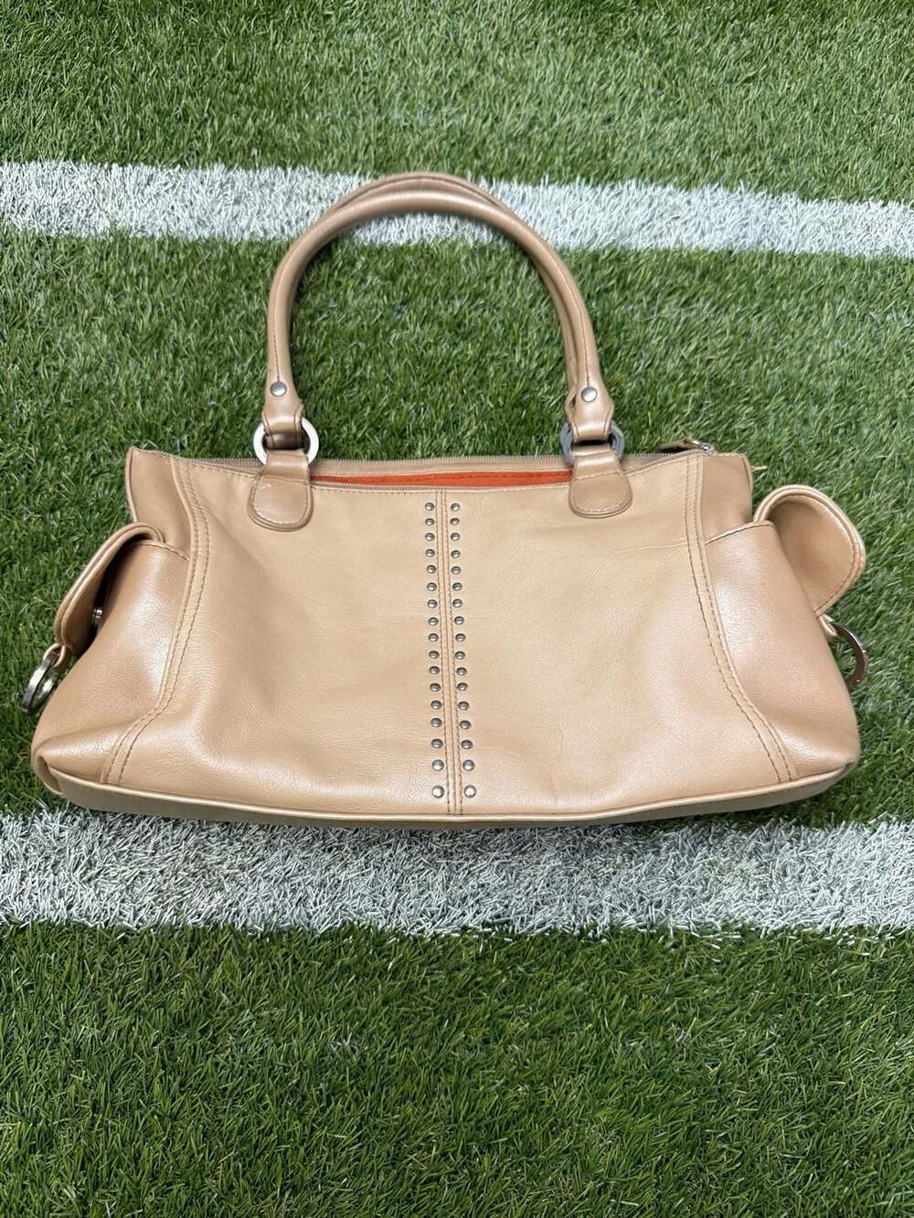 Latina Life Metallic Tan Studded Handbag with Orange Lining